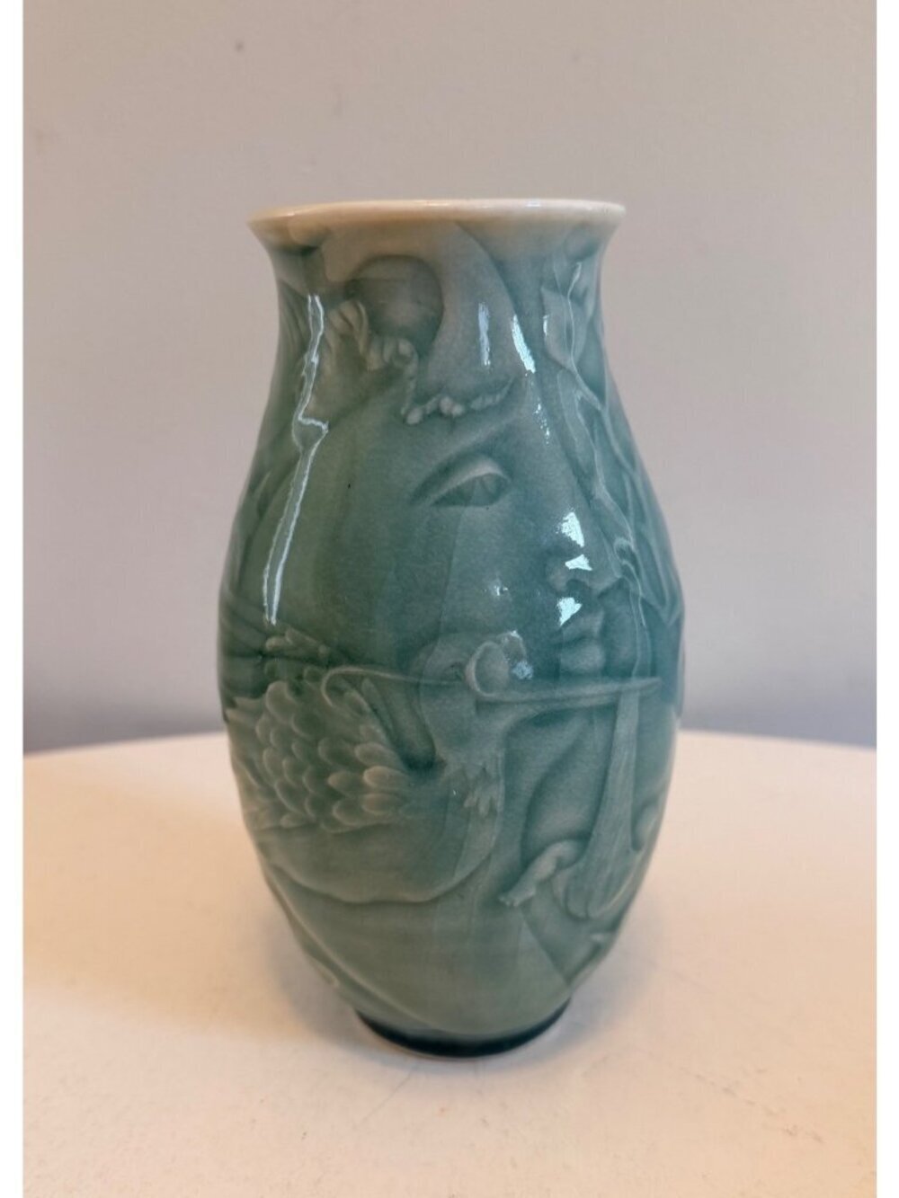 Scargo Pottery Vase Mary Holl / Harry Holl Celadon Glaze Fantasy Nature Fairy